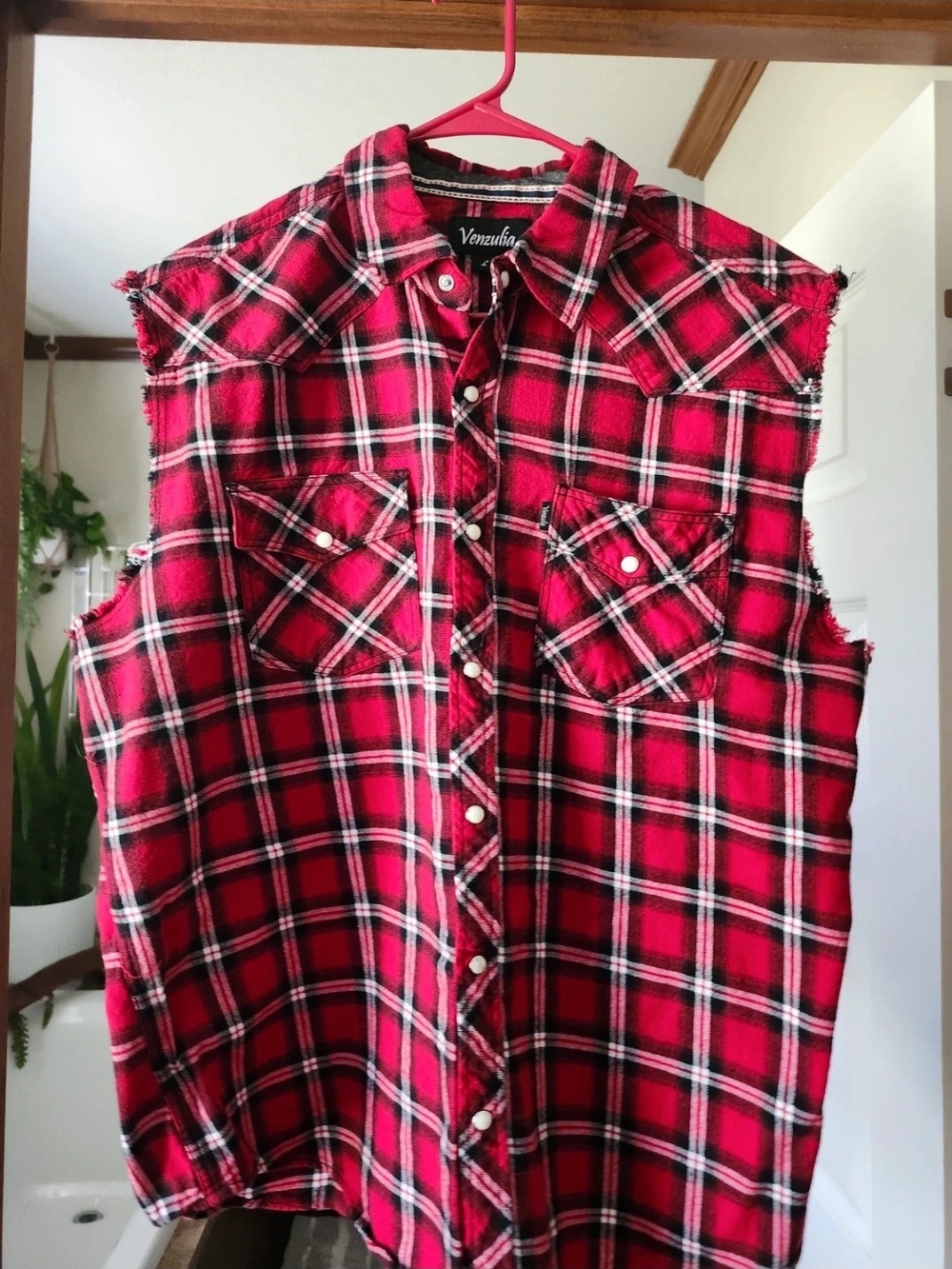 Red Plaid Sleeveless Flannel Shirt